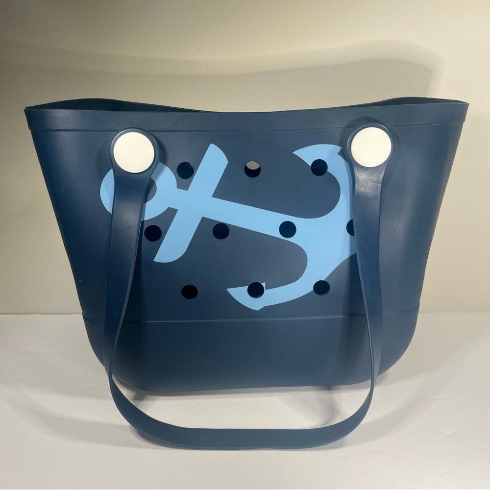Nautical Blue Rubber Water Proof Tote Beach Bag With Anchor - Picture 2 of 9